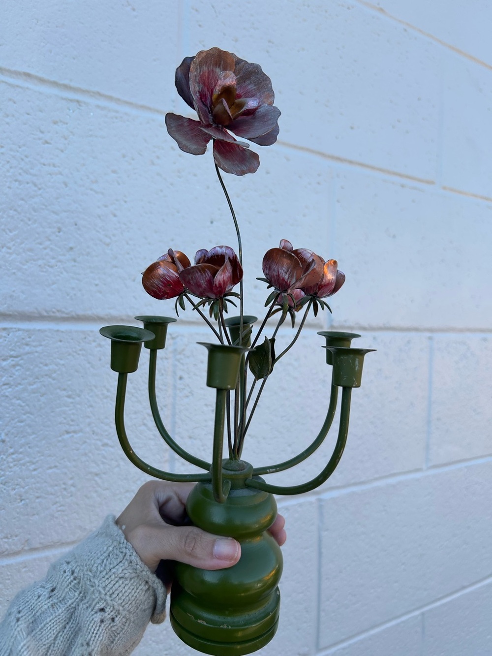 Funky cool Olive Green Metal Floral Candelabra with pink-Toned Flowers Art deco